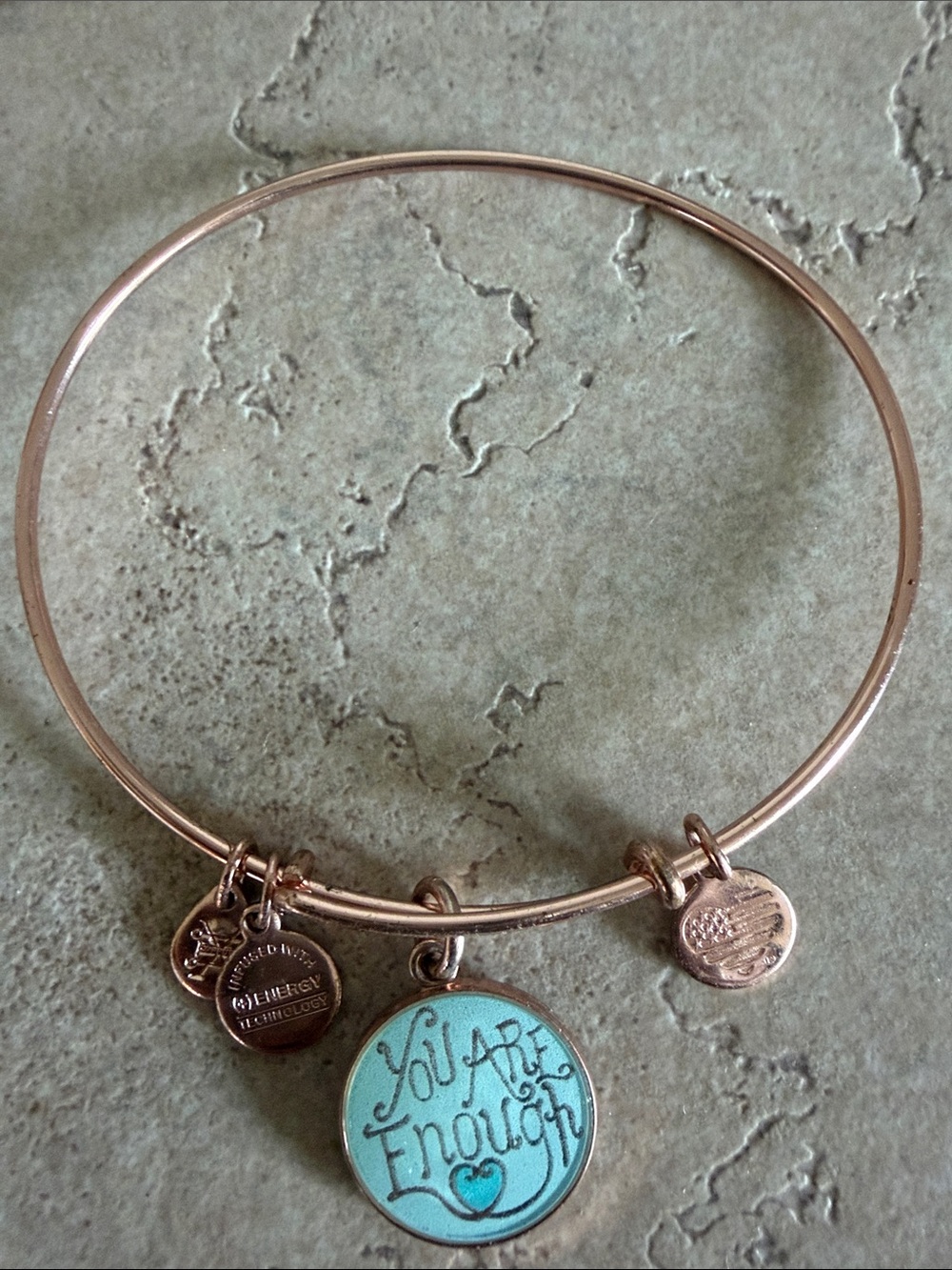 Alex and Ani Rose Gold Bangle Bracelet with Turquoise 'You Are Enough' Charm